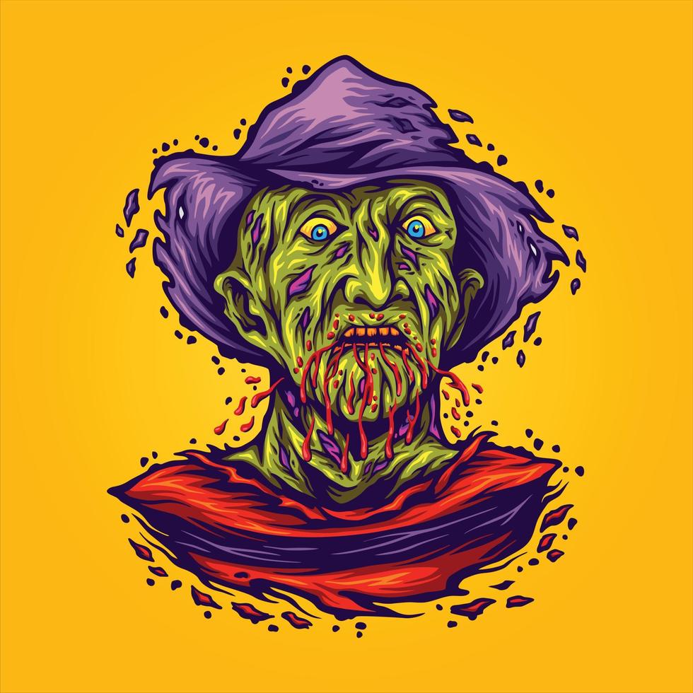 Scary monster zombie krueger face bloody melted logo cartoon illustrations vector