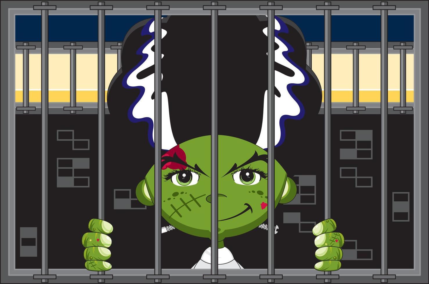 Cartoon Scary Frankensteins Bride in Jail Cell - Spooky Halloween Monster Illustration vector