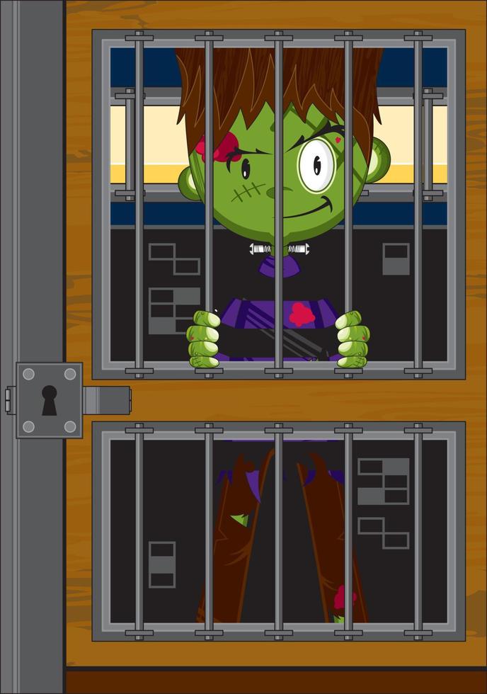 Cartoon Scary Frankensteins Monster in Jail Cell - Spooky Halloween Illustration vector