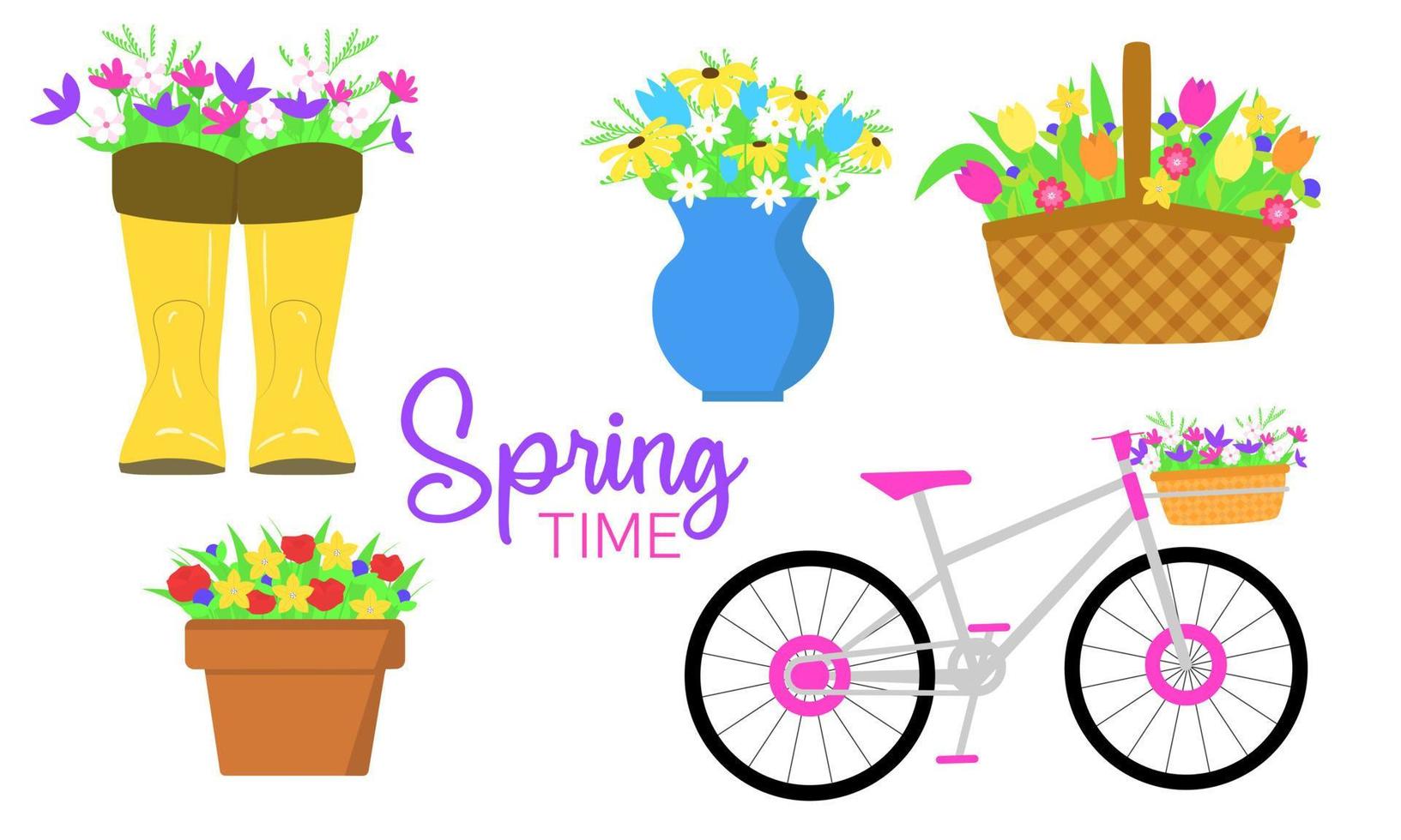 Spring time clip art with flowers. Bouquets of flowers in boots, baskets, vase, pot and bicycle. Vector illustration.