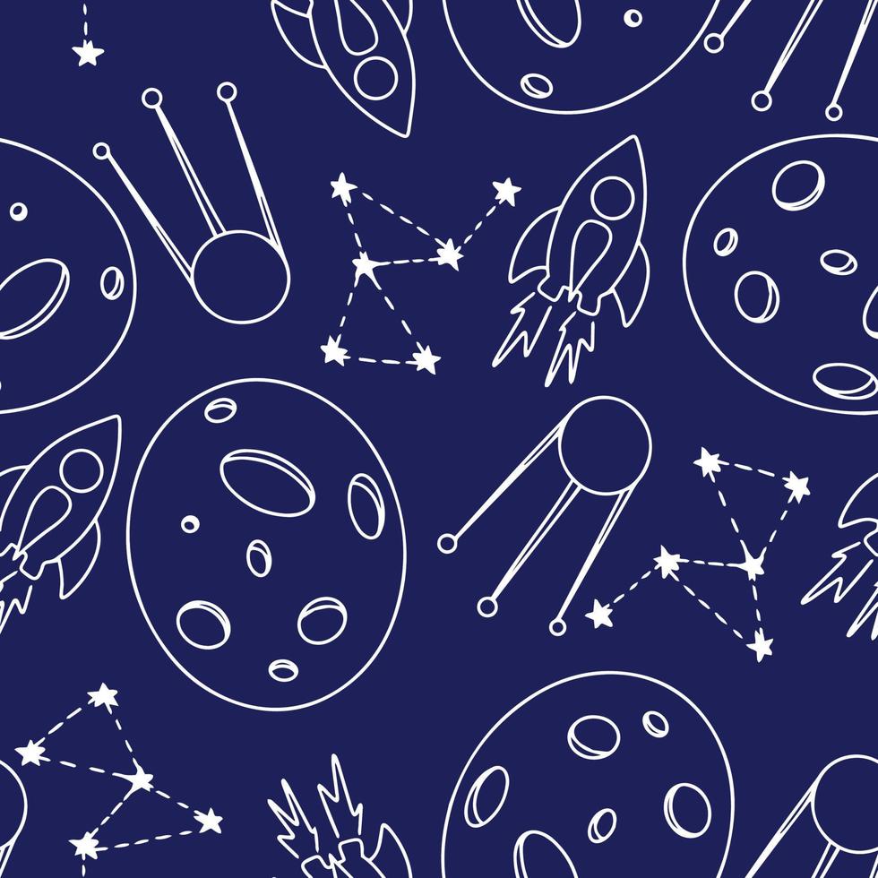 Seamless doodle space pattern on dark background. Rocket, planet, satellite. Vector illustration.