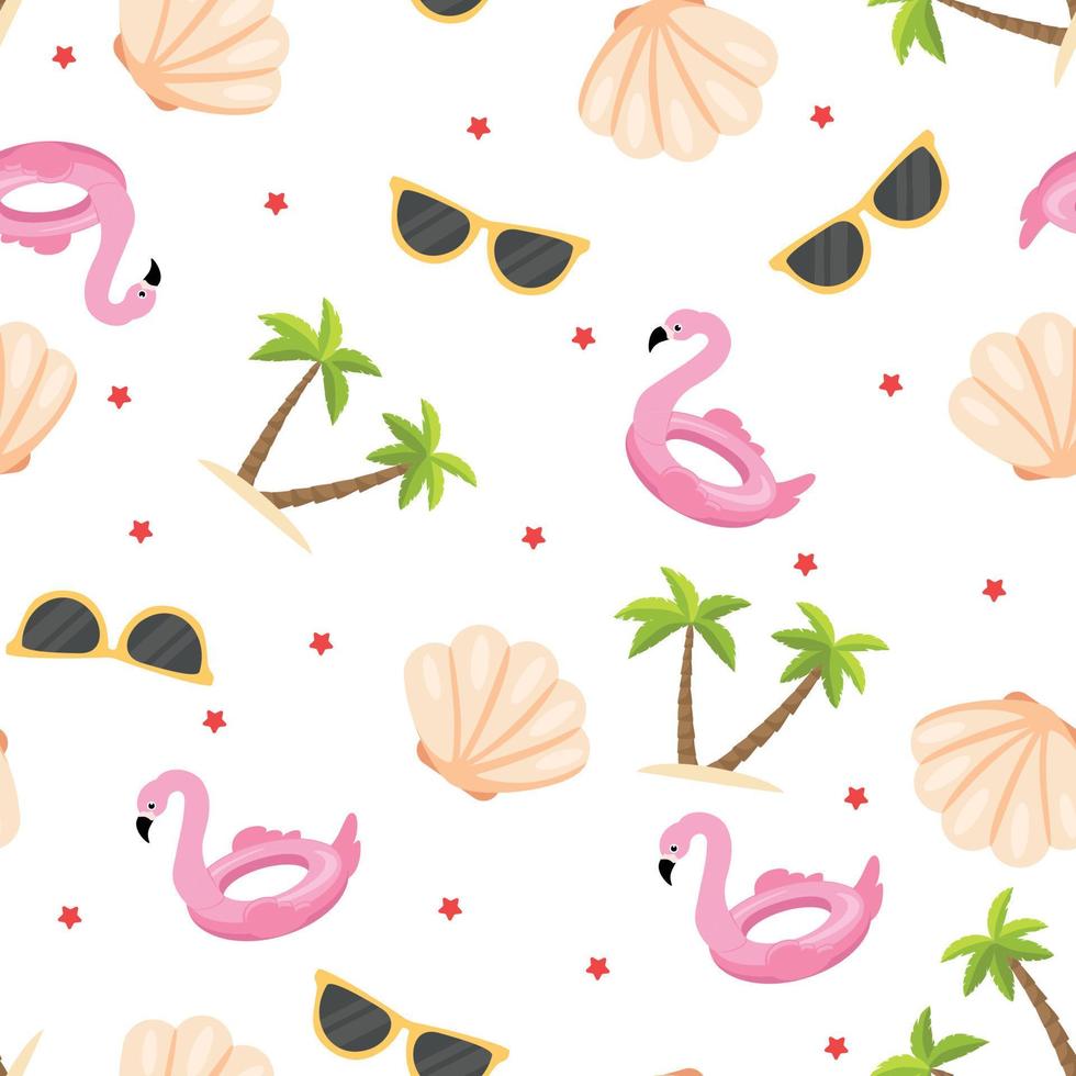 Seamless summer pattern. Palm tree, flamingo lifebuoy, shell, sunglasses. Vector illustsration.