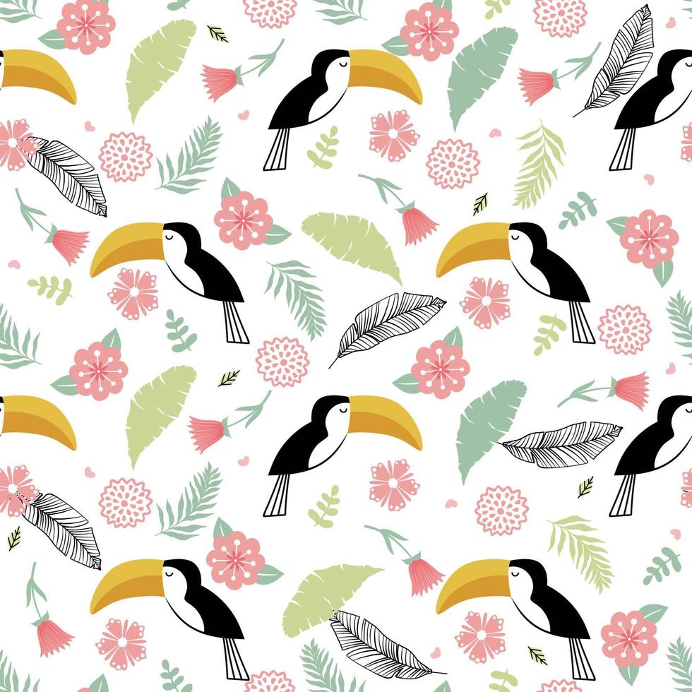 Toucan seamless pattern in a tropical jungle. Toucans, leaves, flowers and hearts. vector