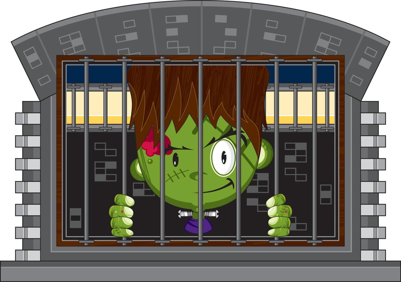 Cartoon Scary Frankensteins Monster in Jail Cell - Spooky Halloween Illustration vector