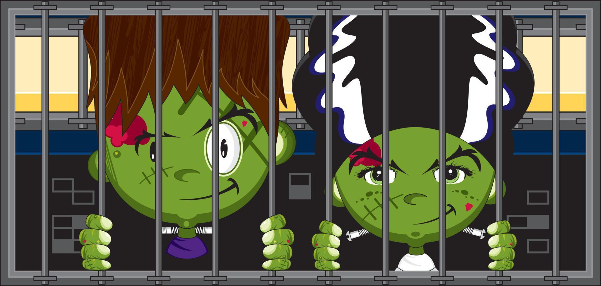Cartoon Scary Frankensteins Monsters in Jail Cell - Spooky Halloween Illustration vector