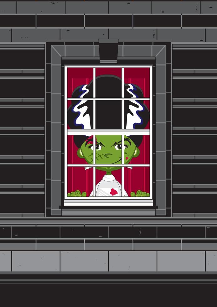 Cartoon Scary Frankensteins Bride at Window - Spooky Halloween Monster Illustration vector