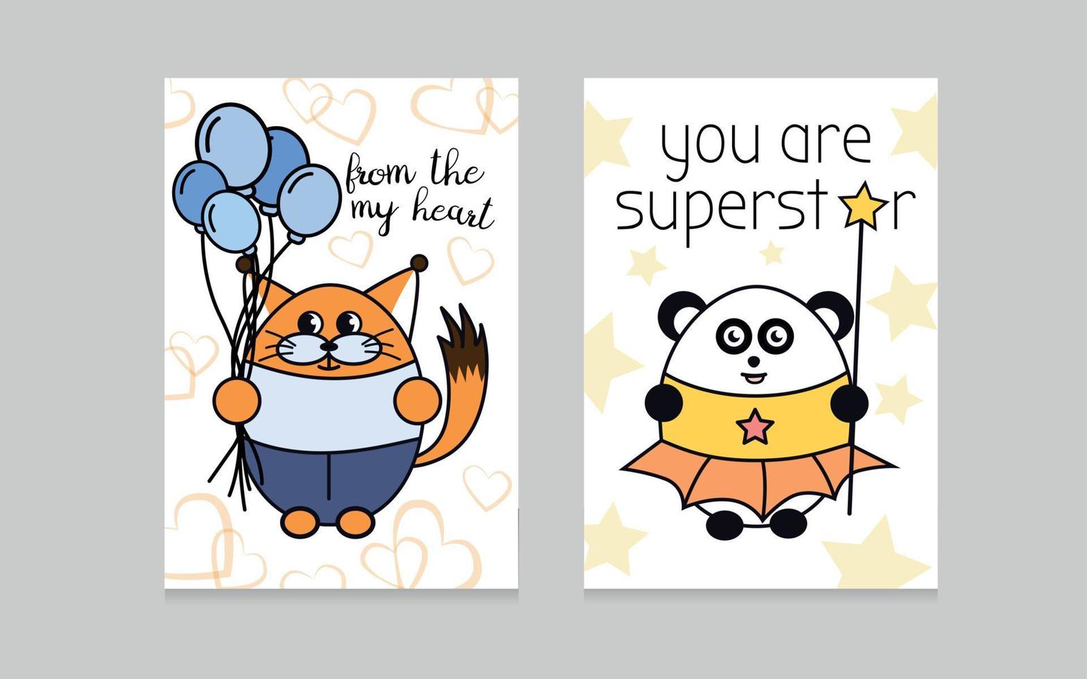 Set of greeting cards. Greeting card with a panda. Greeting card with a panda. Panda in a suit. Panda holds a wand with an asterisk. Image of a little squirrel with balloons. vector