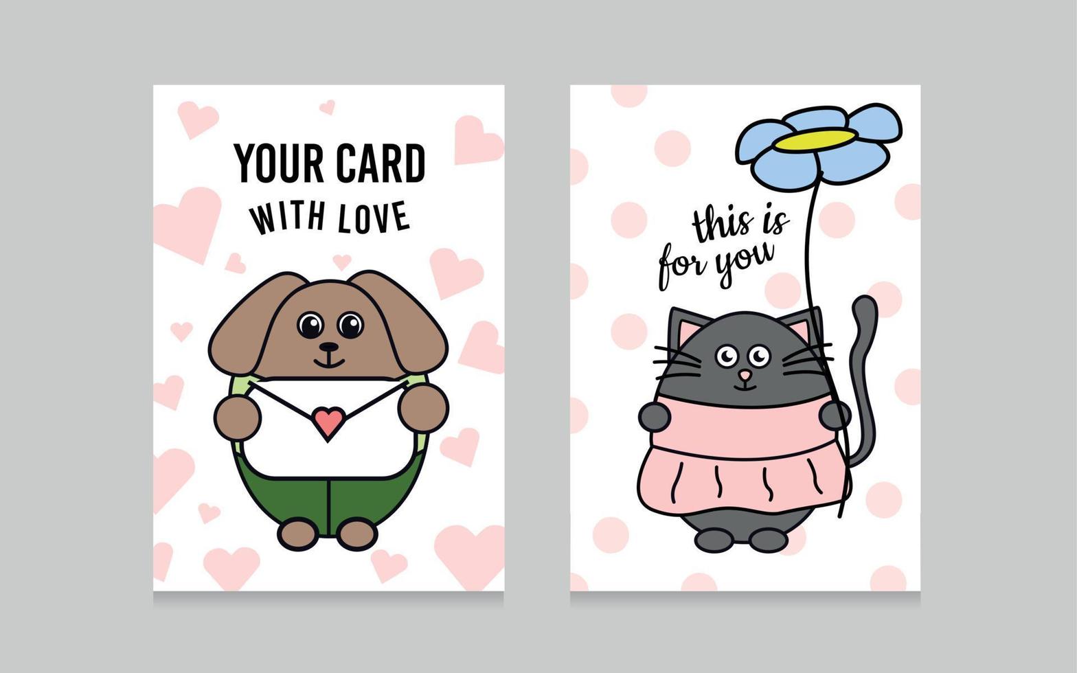 Set of greeting cards. Illustration of a cat with a flower. Greeting card with a cat. The cat is holding a flower. Kitten in clothes. Illustration with a puppy. Greeting card with a dog. vector