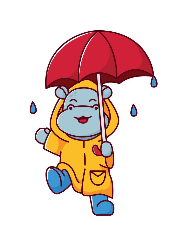 hipopótamo con un paraguas en un capa. linda animal. vector ilustración