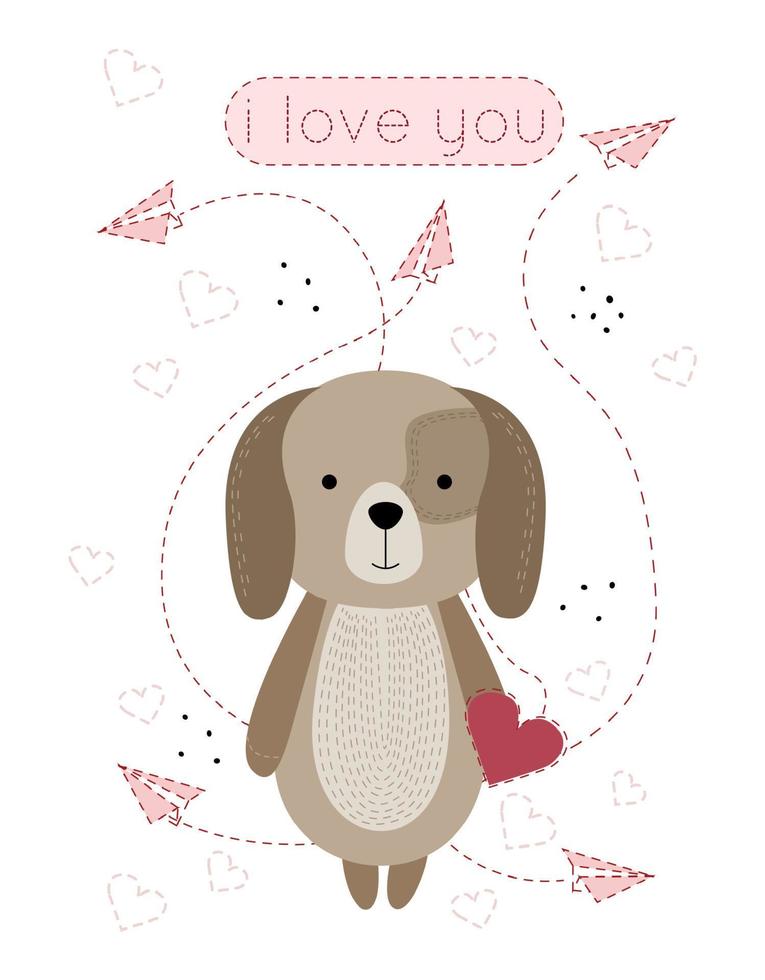 Dog illustration. Postcard. Greeting card. Greeting card with a dog. Dog with a heart on a card. I love you vector