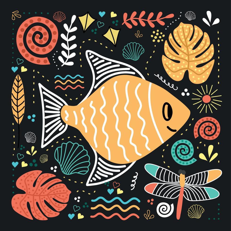 Illustration of a fish, dragonfly on a black background. Image on a black background with colored fish, dragonfly, leaves, shells. vector