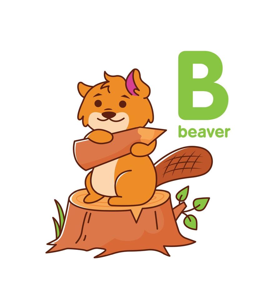 un castor se sienta en un tocón con un lápiz. linda animal. vector ilustración alfabeto