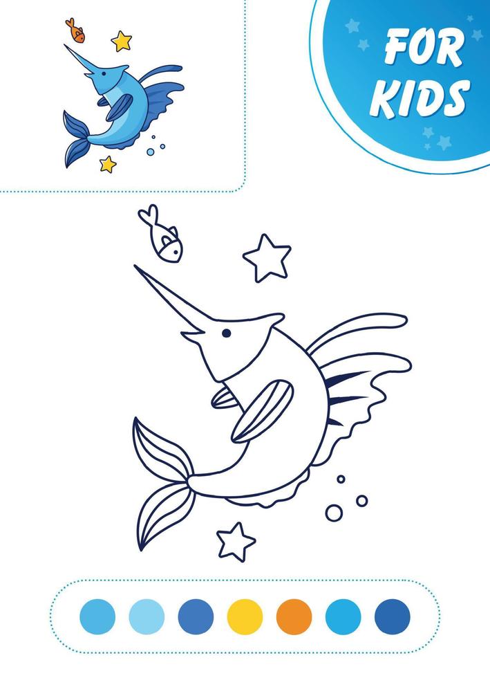 Swordfish xiphias. Cute fish. Vector illustration coloring book for children
