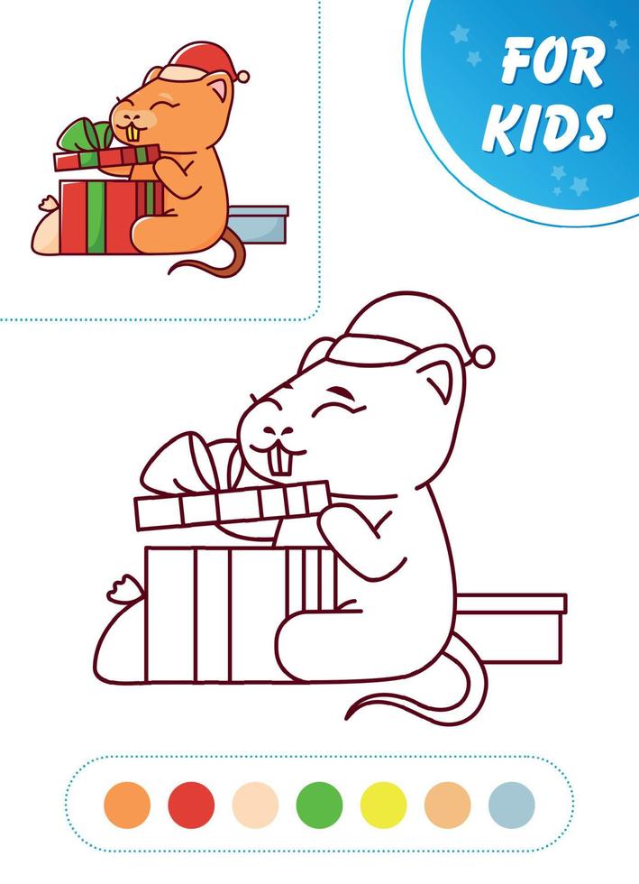 Nutria opens the gift. Cute animal. Vector illustration coloring book for children