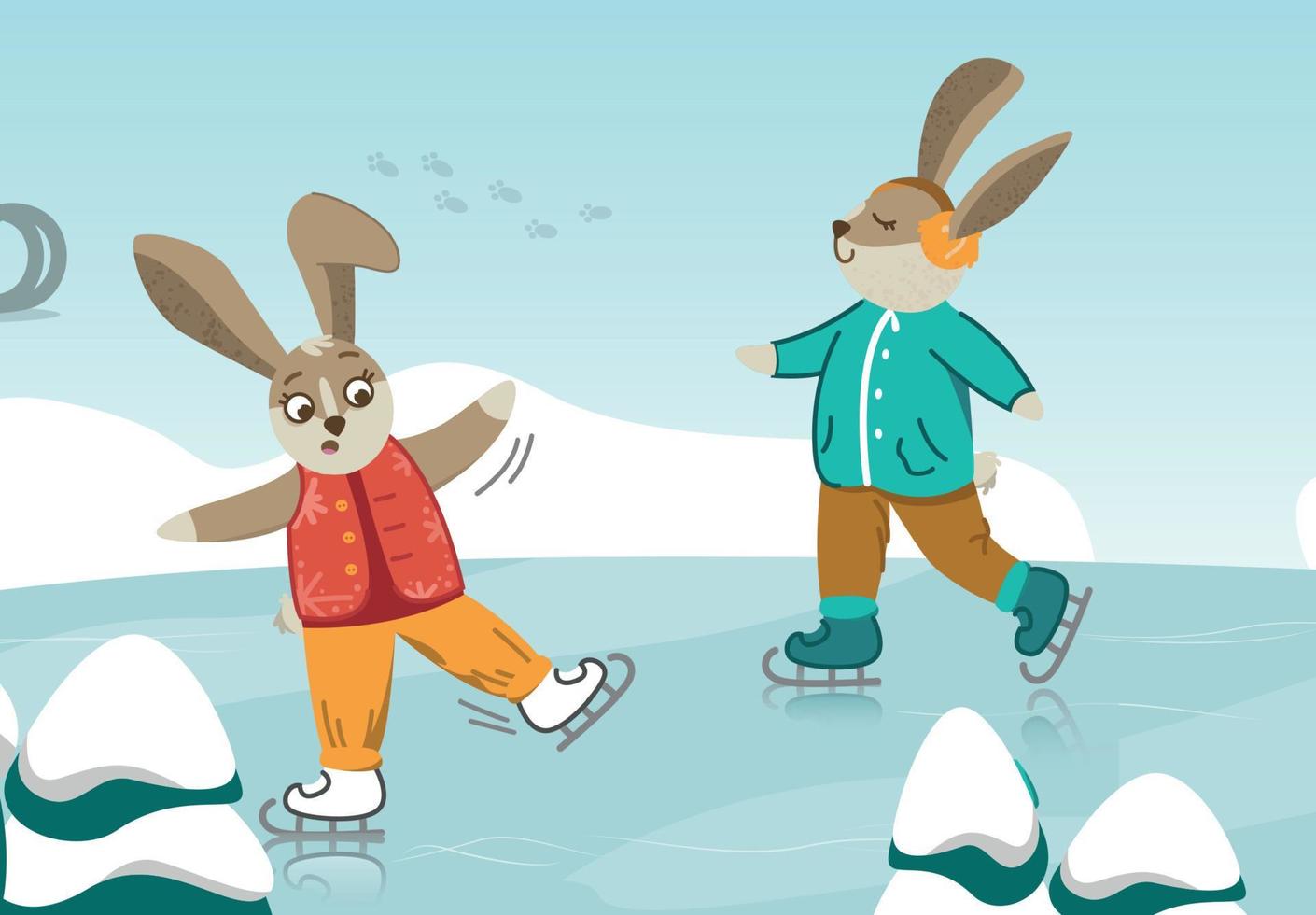 Rabbits skate. Cute rabbit in winter. Christmas and New Year. Vector illustration.