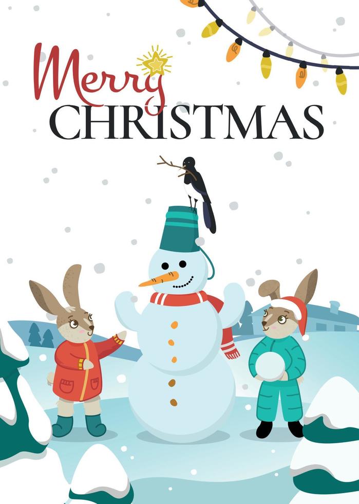 conejos esculpir un muñeco de nieve. linda Conejo en invierno. Navidad tarjeta. vector ilustración.