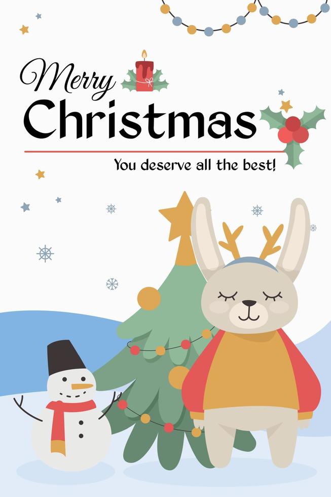 Postcards on New Year and Christmas. A rabbit stands near a Christmas tree and a snowman. Vector illustration