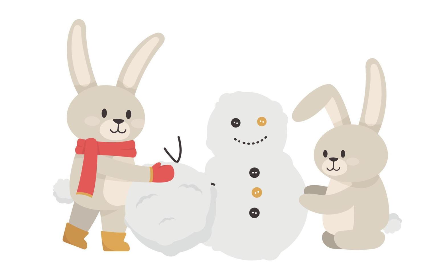 A rabbit sculpts a snowman. Vector illustration with a cute rabbit