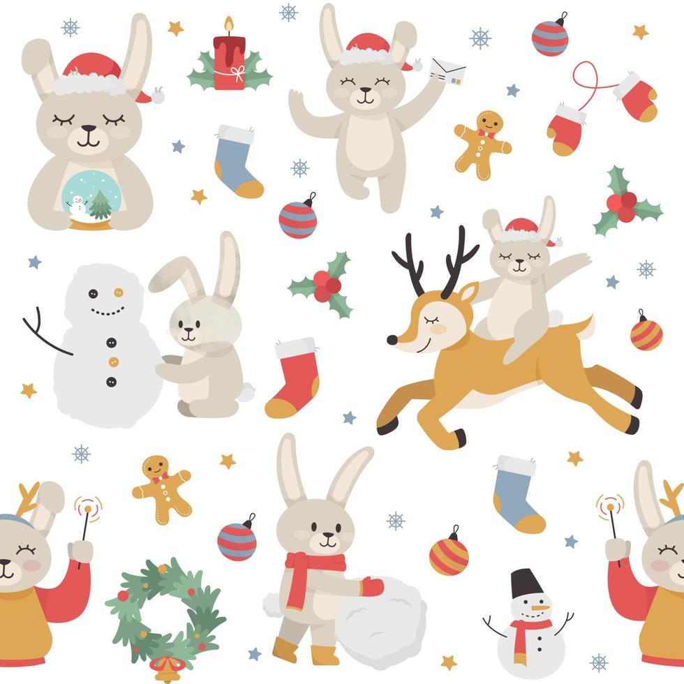 A seamless pattern with cute rabbits. New Year and Christmas pattern. Vector illustration