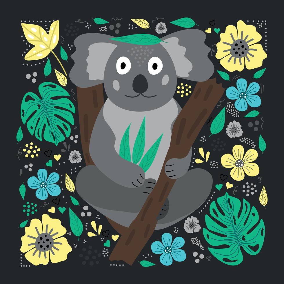 Illustration of a koala on a tree on a black background with leaves and flowers. Image of koala on a black floral background. vector