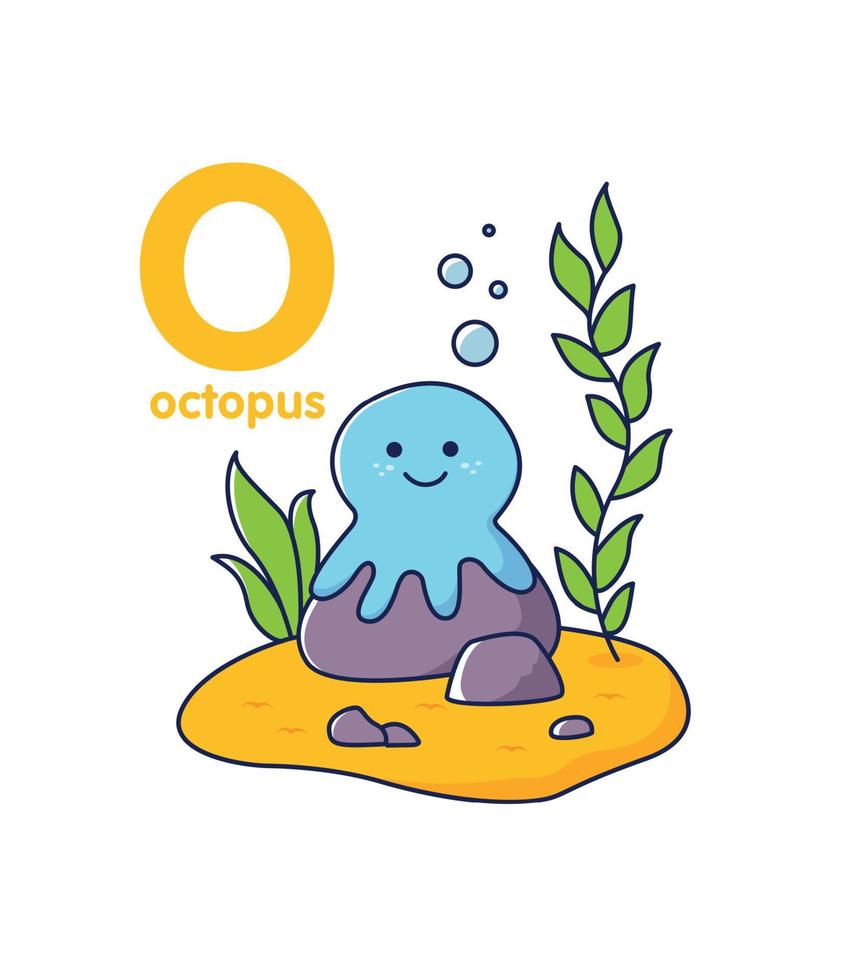 Octopus on stone. Cute animal. Vector illustration alphabet