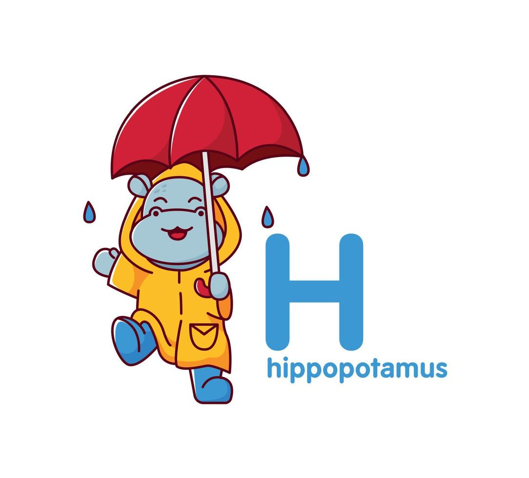 Hippopotamus with an umbrella in a cloak. Cute animal. Vector illustration alphabet