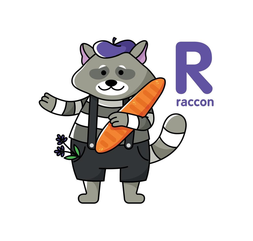 Raccoon with bread. Cute animal. Vector illustration alphabet