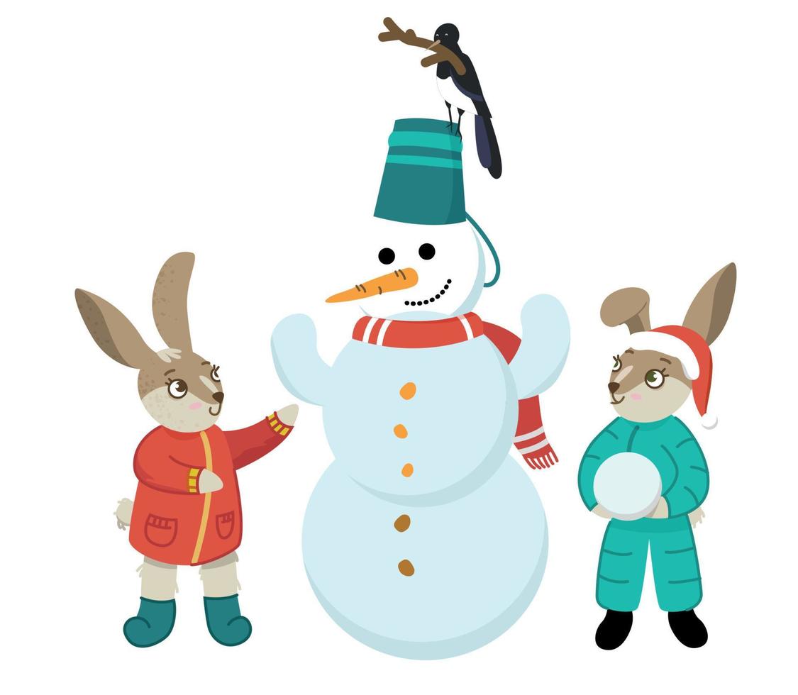 conejos esculpir un muñeco de nieve. linda Conejo en invierno. Navidad y nuevo año. vector ilustración.