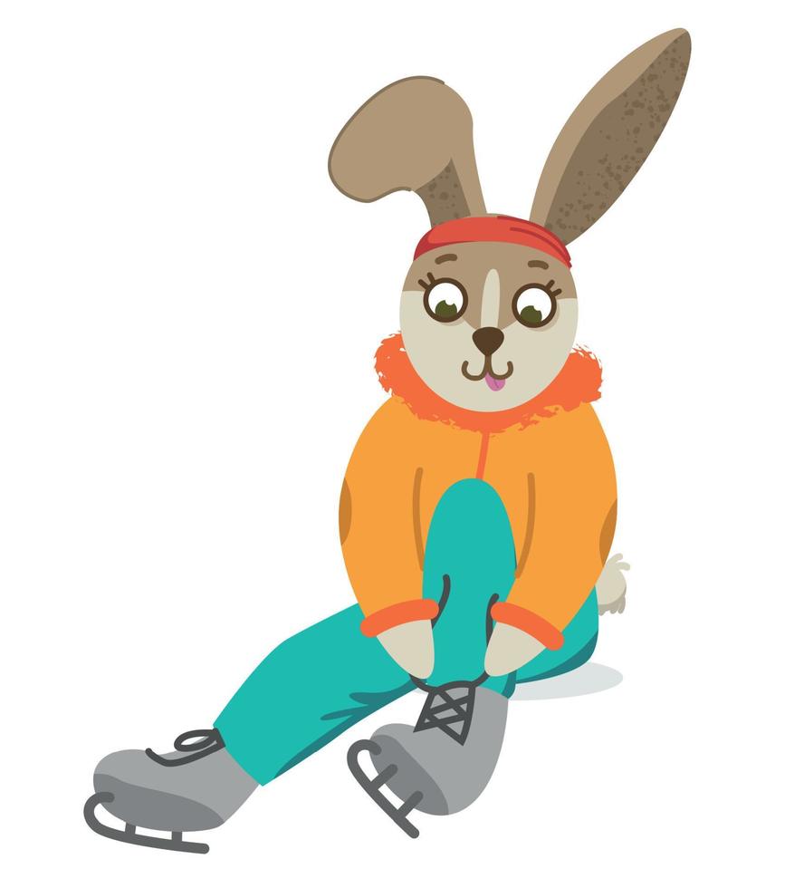 The rabbit puts on his skates. Cute rabbit in winter. Christmas and New Year. Vector illustration.