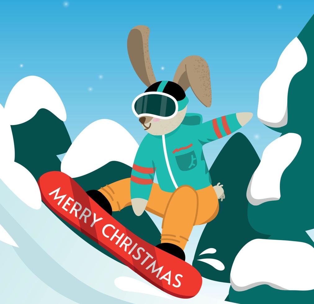 Rabbit snowboards. Cute rabbit in winter. Christmas and New Year. Vector illustration.