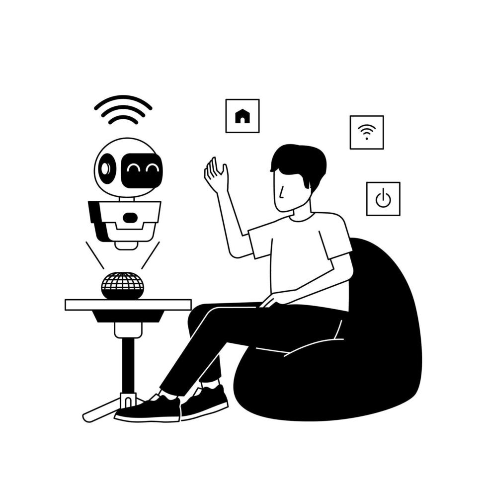 hombre sentar a frijol bolso voz mando a robot artificial inteligencia para inteligente hogar iot futuro tecnología negro ilustración vector