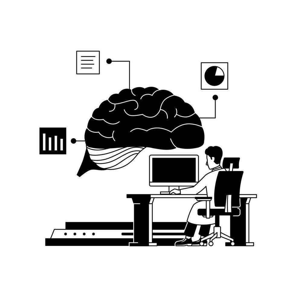 augmented brain artificial intelligence thinking interactive with engineer programming from desk automation black illustration vector