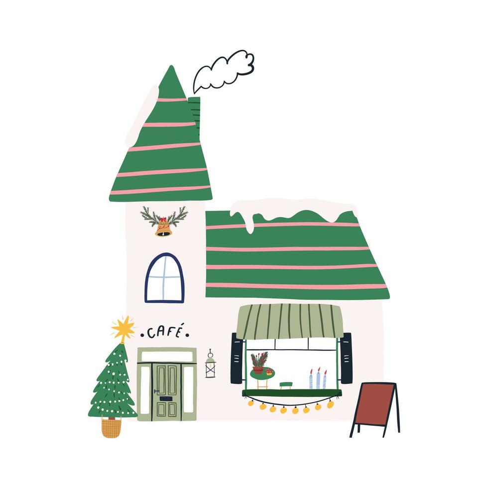 Cute winter house with Christmas decoration, cartoon flat vector illustration isolated on white background. Hand drawn cafe building exterior. Snow on roofs, Christmas tree and fairy lights.