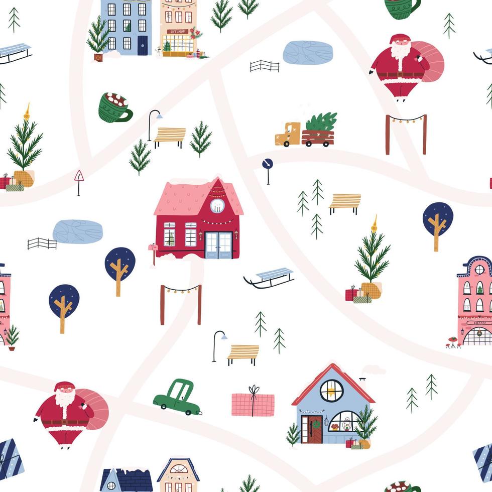 linda y vistoso Navidad fiesta sin costura patrón, ciudad mapa, dibujos animados plano vector ilustración en blanco antecedentes. mano dibujado invierno Días festivos elementos - decorado casas, Papa Noel noel, Nevado la carretera.