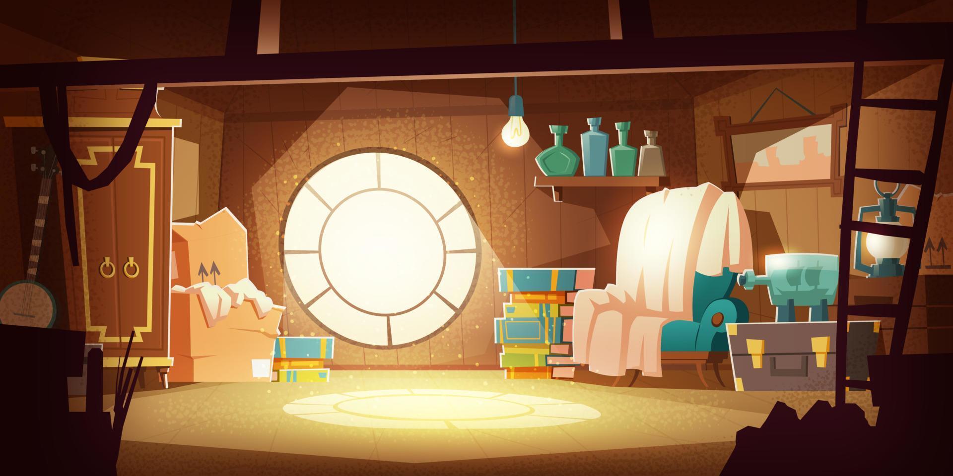 House attic with old furniture, flying dust vector