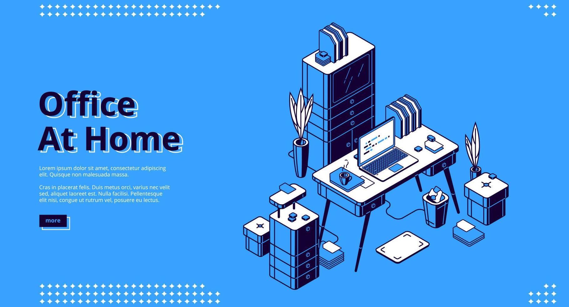 Office at home, workplace isometric landing page vector