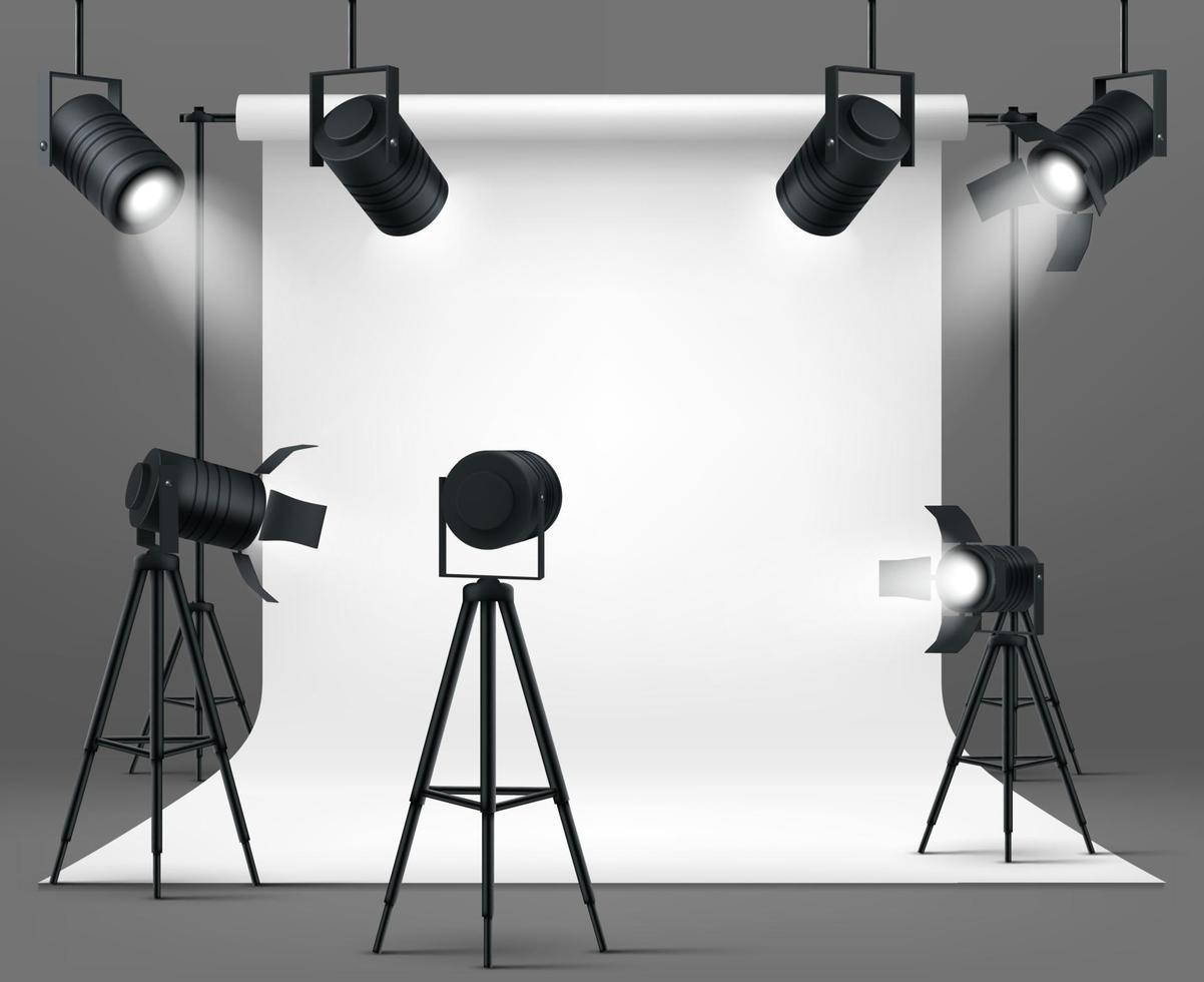 Photo studio with spotlights and white background vector