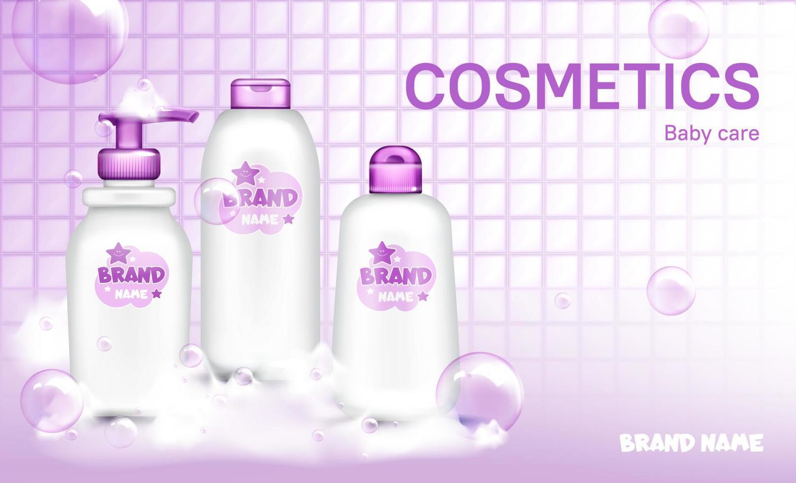 Baby cosmetic bottle design soap bubbles realistic vector
