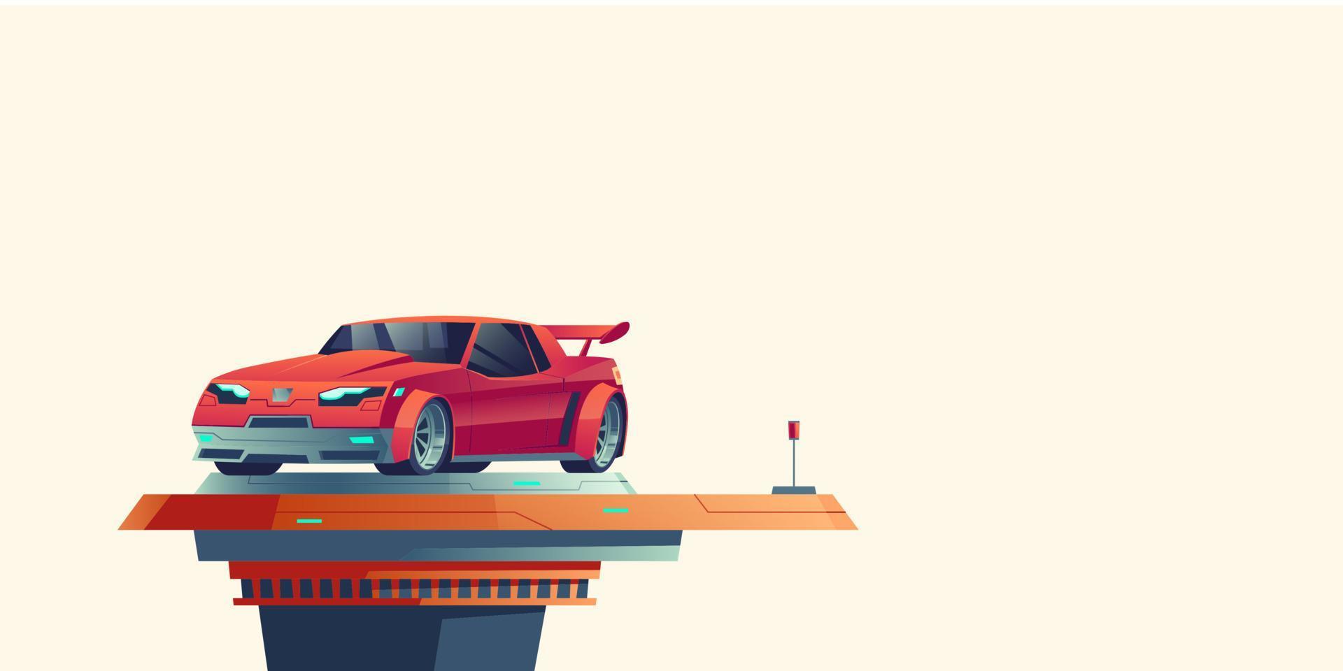 Red sport car on futuristic extendable platform vector