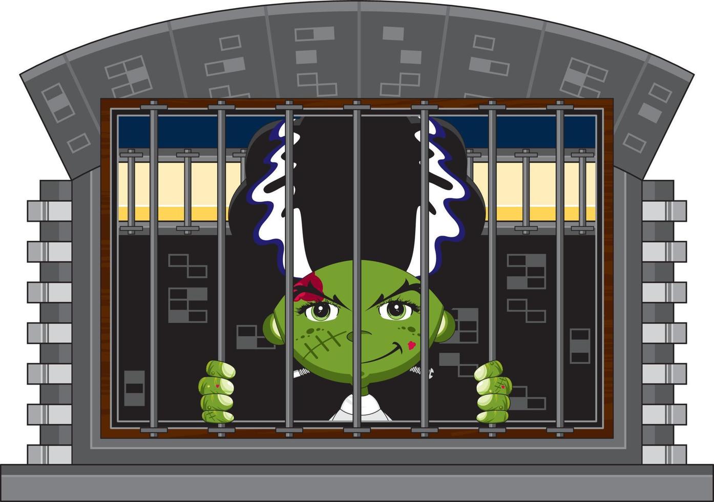 Cartoon Scary Frankensteins Bride in Jail Cell - Spooky Halloween Monster Illustration vector