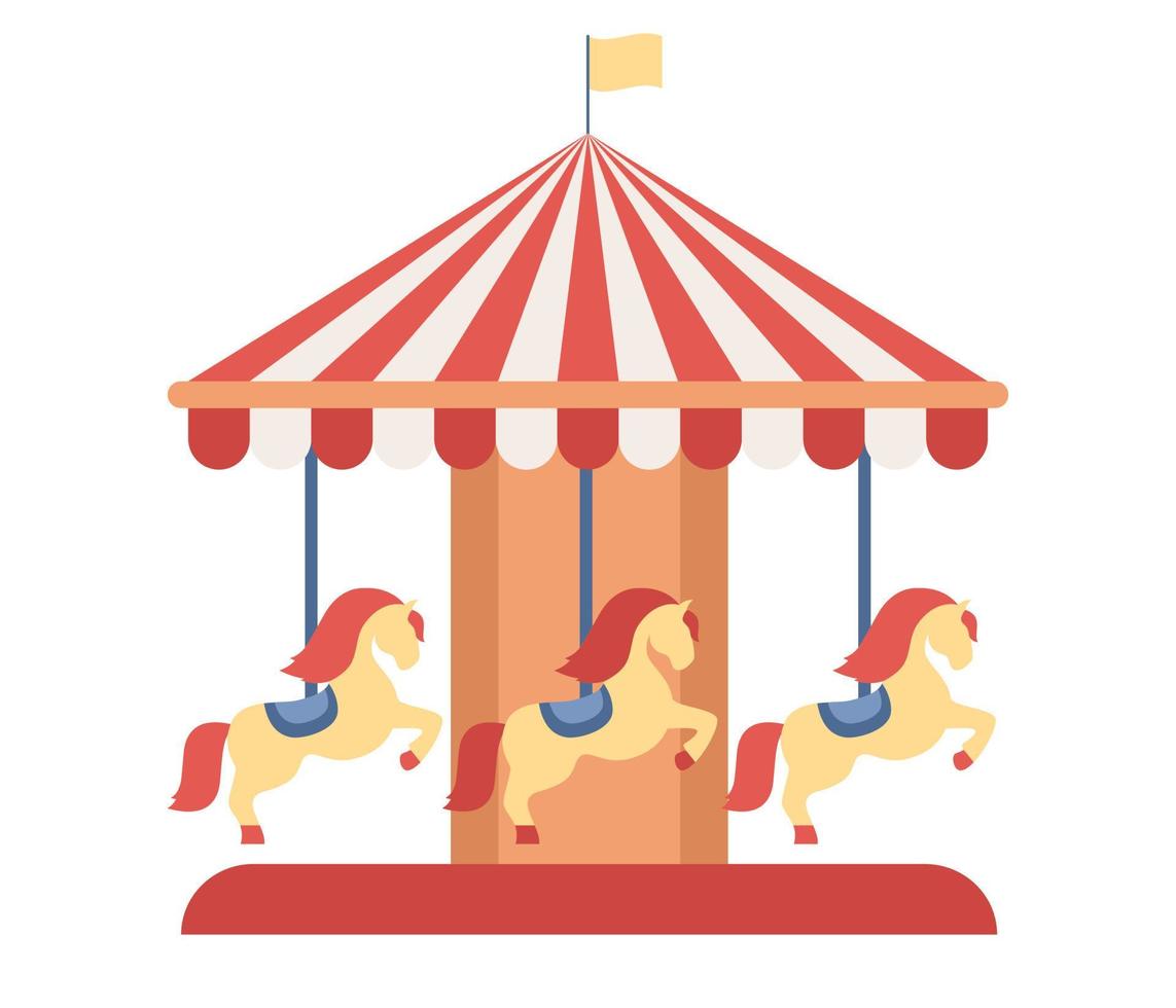 Carousel horses or merry-go-round ride in amusement park. Vector flat illustration