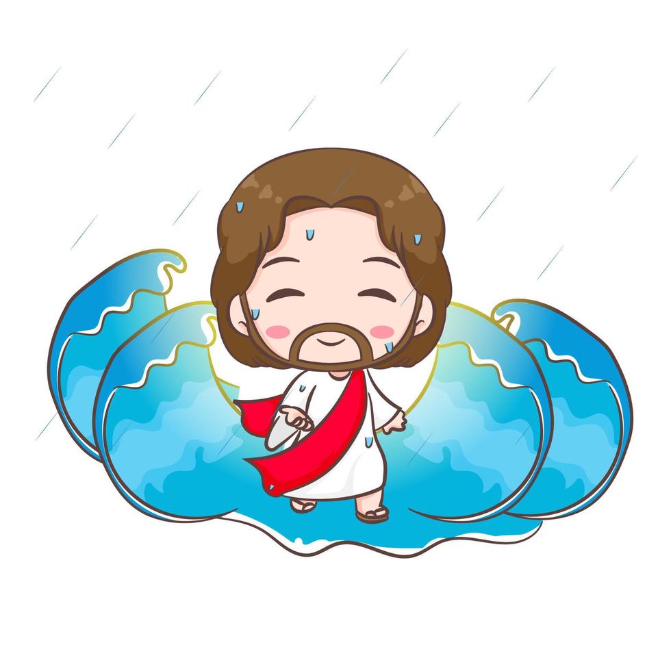Cute Jesus Christ cartoon walking on the water with open hand. Hand drawn Chibi character isolated white background. Christian Bible for kids. Mascot logo icon vector art illustration