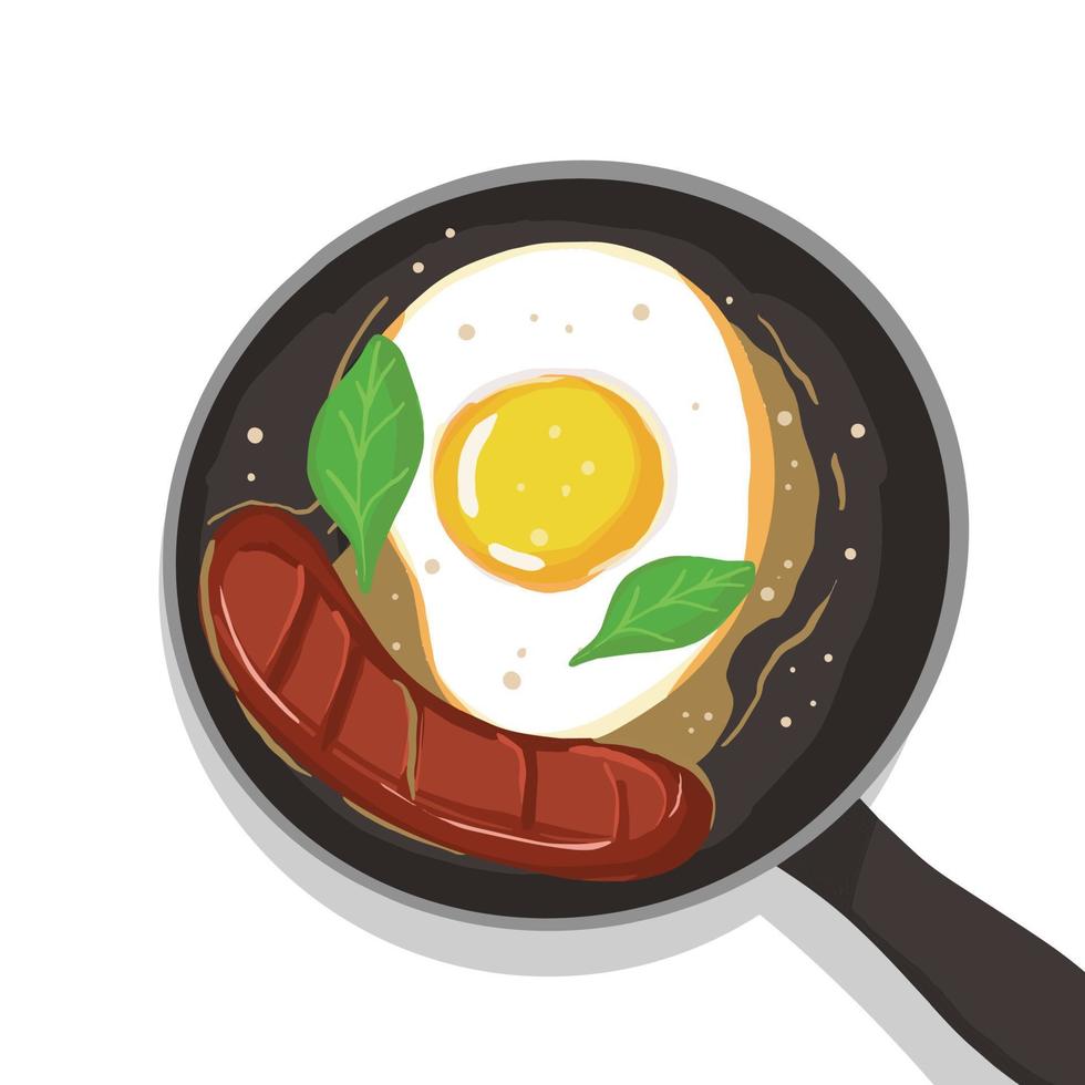 Egg and sausage hand drawn vector on pan