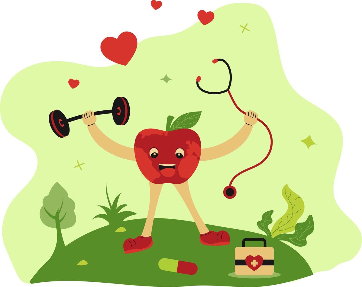 mundo salud día manzana personaje con médico y gimnasio equipo vector
