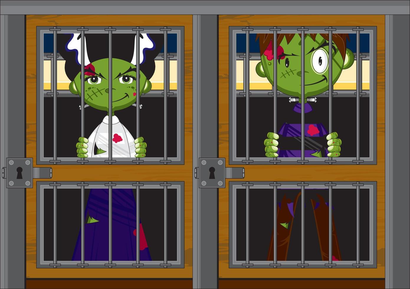 Cartoon Scary Frankensteins Monsters in Jail Cell - Spooky Halloween Illustration vector