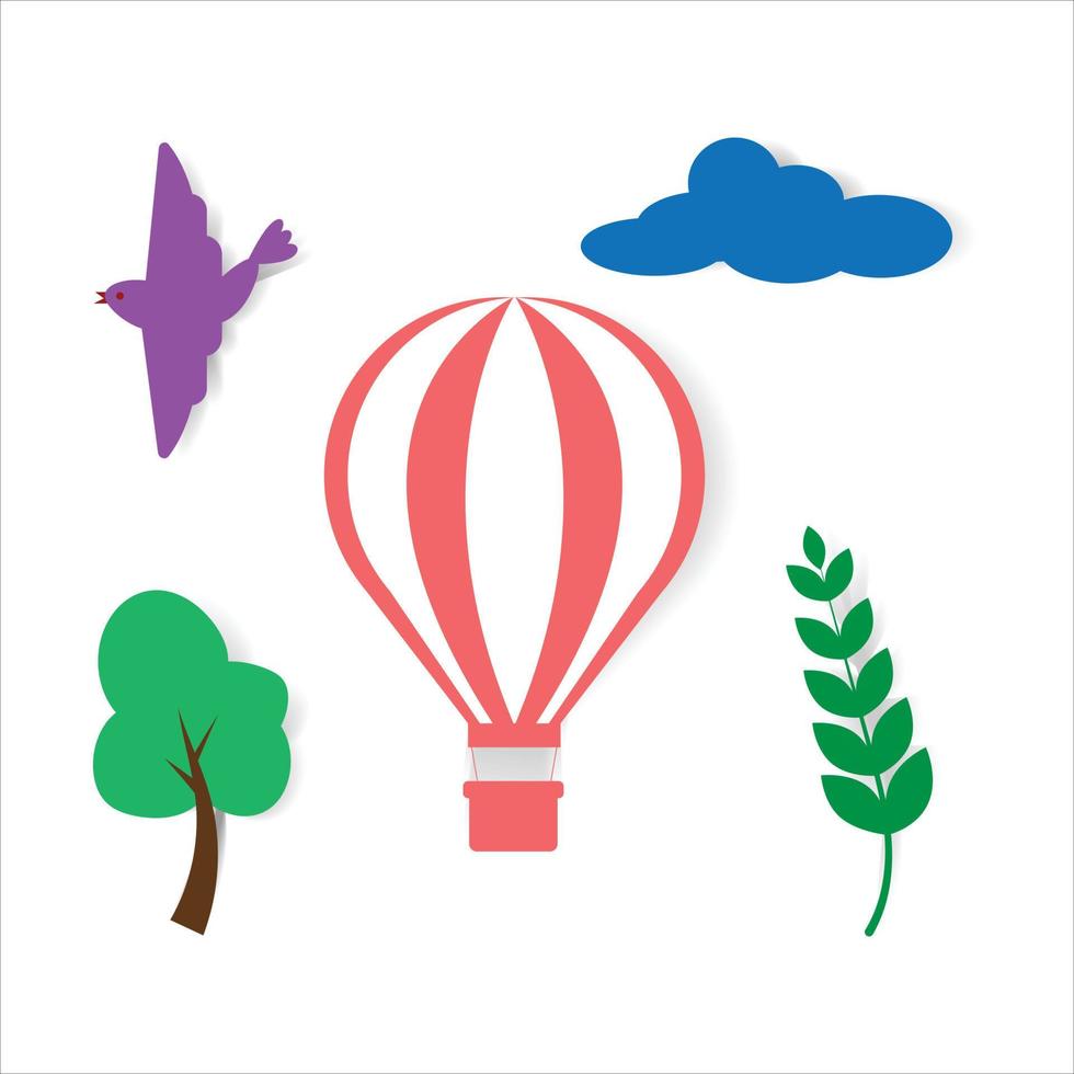 Cute Set collection. Balloon, bird, tree, cloud, leaves. Isolated on white background vector
