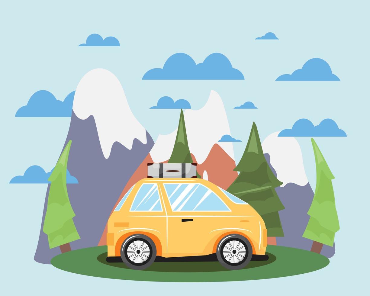 amarillo coche en el montaña. viajar, aventura, destino concepto ilustración. vector