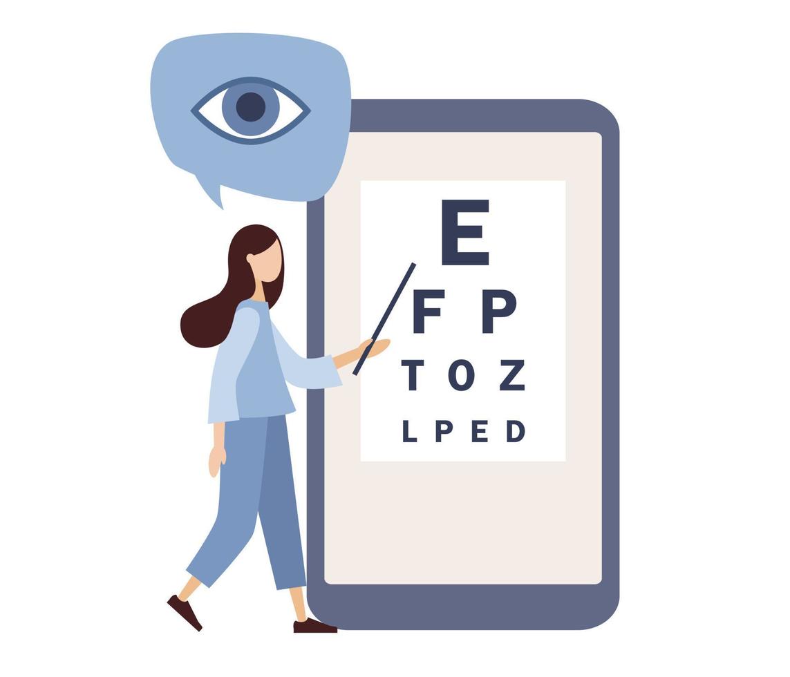 Eyes test chart on smartphone screen. Checking vision icon. Eyesight tests online. Ophthalmologic equipment. Ophthalmology concept. Eyesight treatment. Vector flat illustration