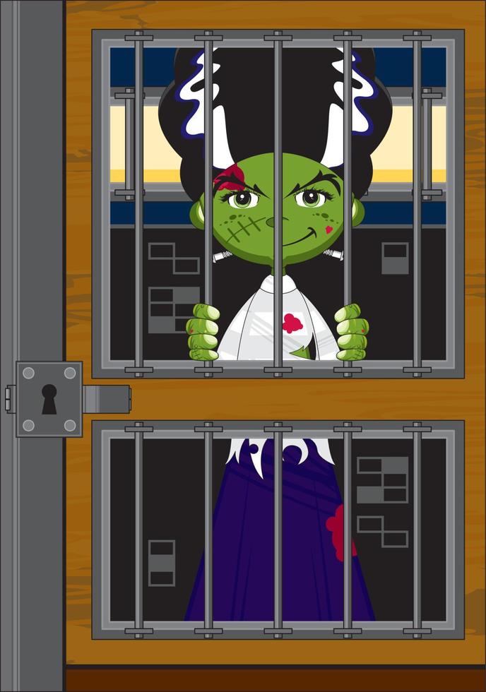 Cartoon Scary Frankensteins Bride in Jail Cell - Spooky Halloween Monster Illustration vector