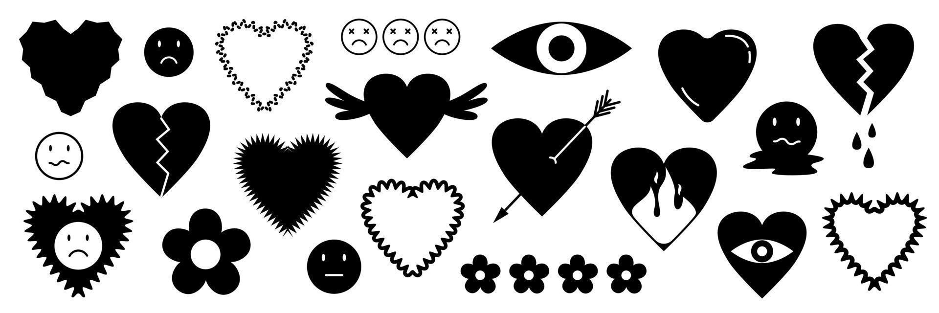 Set of gothic hearts and elements. Unhappy love, sad smileys, broken heart. Vector illustration.